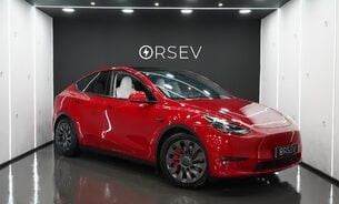 Tesla Model Y Long Range White Interior Red Multi Coat 19" Uberturbine Style Alloys  1