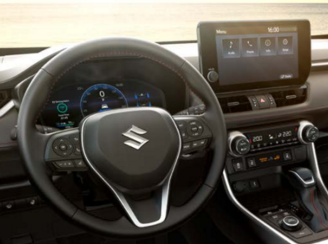 Image of the steering wheel and technology within Suzuki Across.