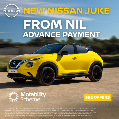 Image of Nissan Juke with Nil Advance Payment Motability offer.