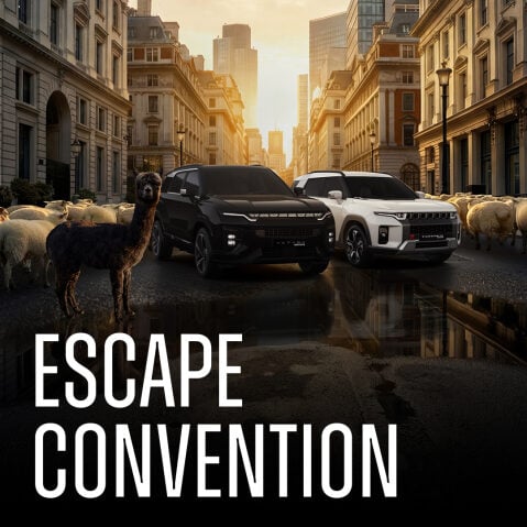 Image of KGM cars in city surrounded by sheep and a llama with "Escape Convention" text.