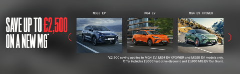 Image of MG EVs with savings up to £2,500.