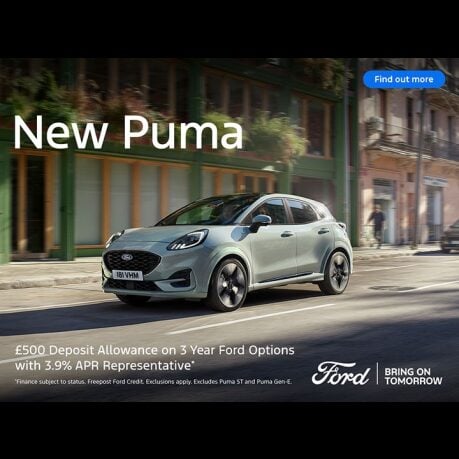 New Puma with £500 Deposit Allowance on 3 Year Ford Options with 3.9% APR Representative*.