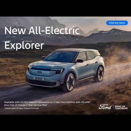 New All-Electric Explorer is available with 0% APR on 3 Year Ford Options.