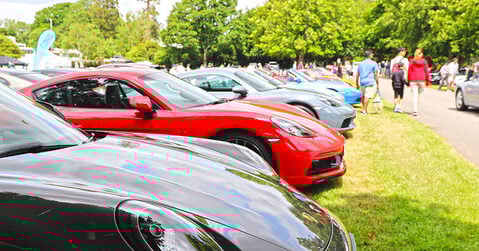 Line of Porsche sports cars parked on the grass at Simply Porsche 2025, Beaulieu Motor Museum.